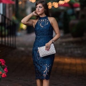 Navy Blue Bardot Thick Lace Halter Dress